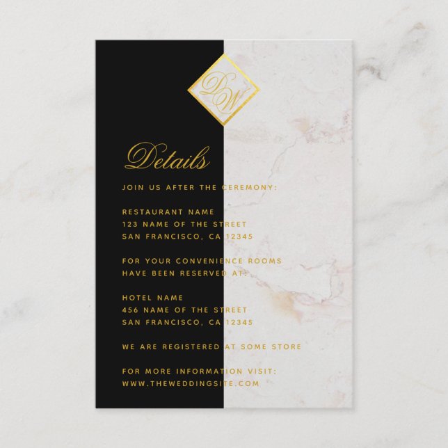 Monogram Black White Marble Gold Wedding Details   Enclosure Card (Front)