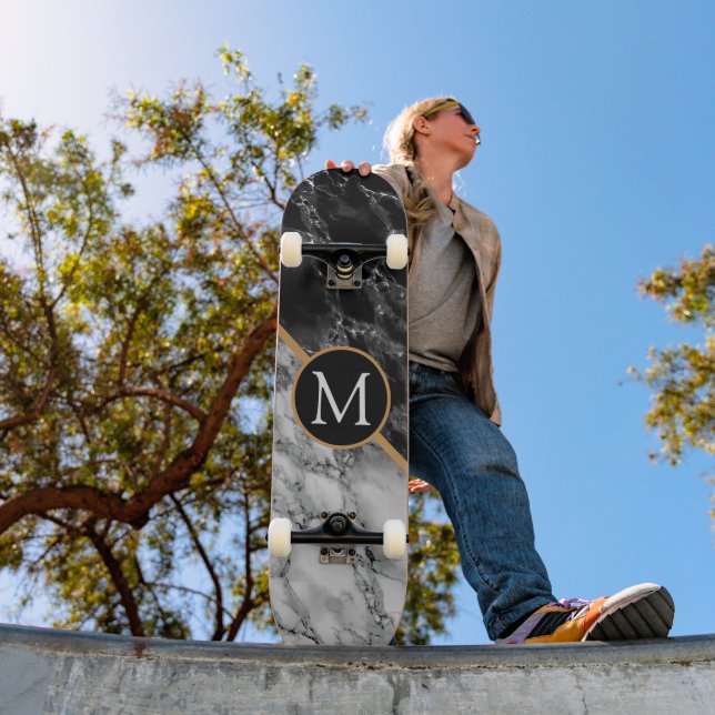 Monogram Black White Marble Modern Skateboard (Outdoor 1)