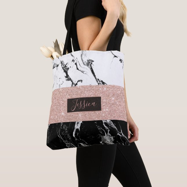 Monogram black white marble rose gold stripes tote bag (Close Up)