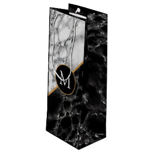 Monogram Black White Marble Wine Gift Bag