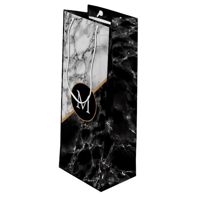 Monogram Black White Marble Wine Gift Bag (Back Angled)