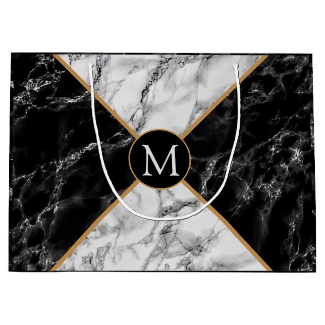 Monogram Black White Marble - Your Letter / Year  Large Gift Bag (Front)