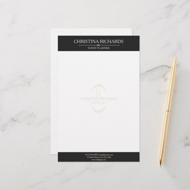 Monogram Black White Modern Elegant Business Stationery (Front/Back In Situ)