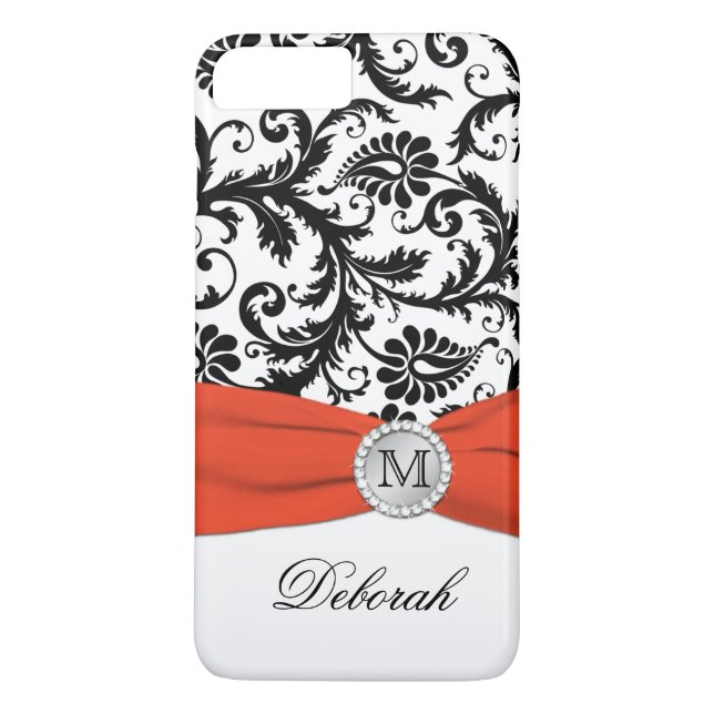 Monogram Black, White, Orange Damask iPhone 7 Case (Back)