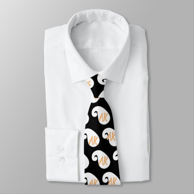 Monogram Black White & Orange Paisley  Tie (Tied)