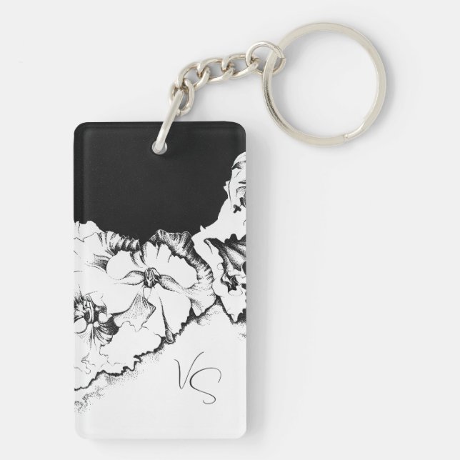 Monogram Black & White Original Stipple Art Floral Key Ring (Back)