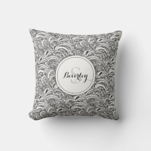 Monogram black white paisley pattern ink pillow