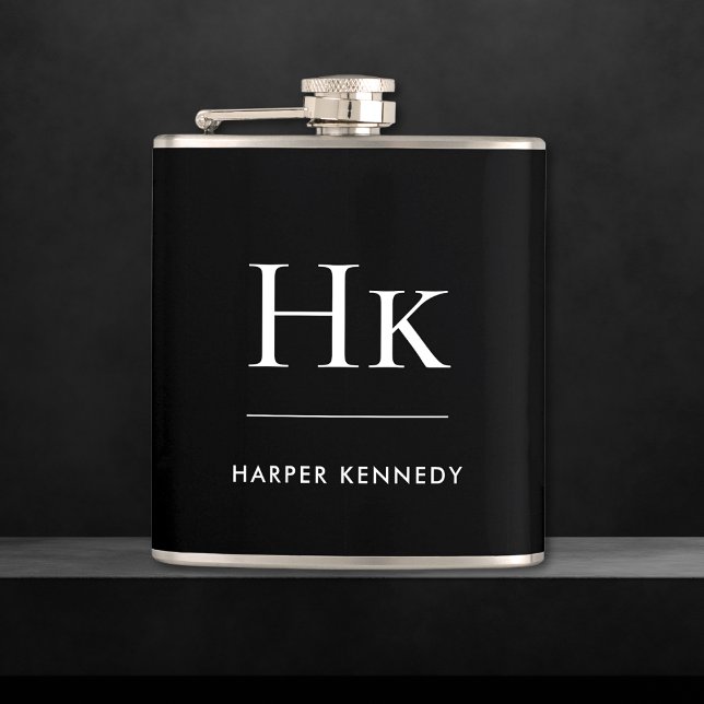Monogram Black White Personalised  Hip Flask (Creator Uploaded)