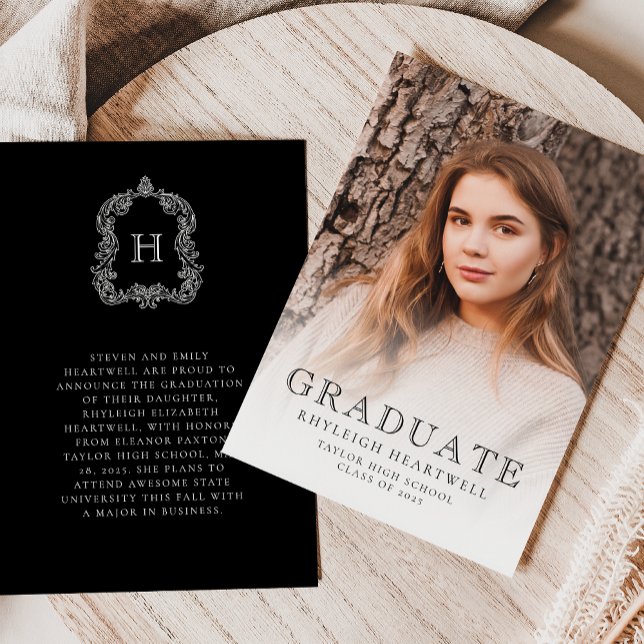 Monogram Black White Photo Graduation Announcement (Creator Uploaded)