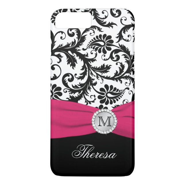 Monogram Black, White, Pink Damask iPhone 7 Case (Back)