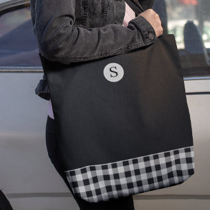 Monogram Black White Plaid Gingham Scottish Tote Bag