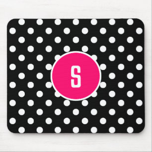 Monogram Black White Polka Dot Pattern Hot Pink Mouse Mat