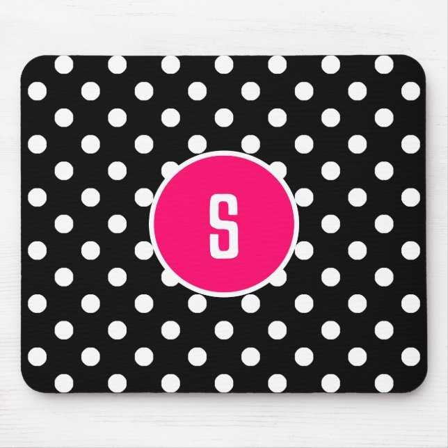 Monogram Black White Polka Dot Pattern Hot Pink Mouse Mat (Front)