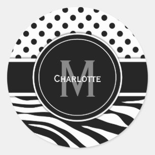 Monogram Black White Polka Dots and Zebra Stripes Classic Round Sticker