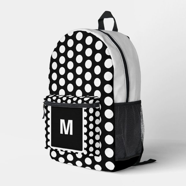 Monogram Black White Polka Dots  Printed Backpack (Back Corner Right)