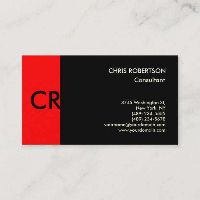 Monogram Black White Red Business Card (Front)