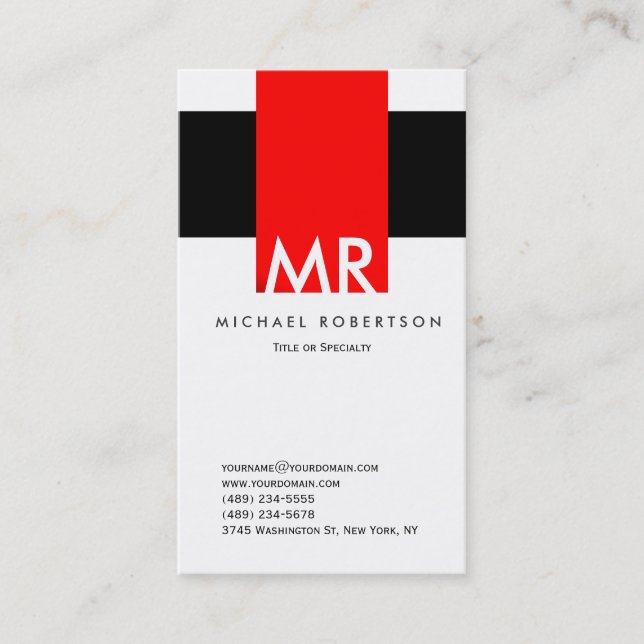 Monogram Black White Red Clean Business Card (Front)