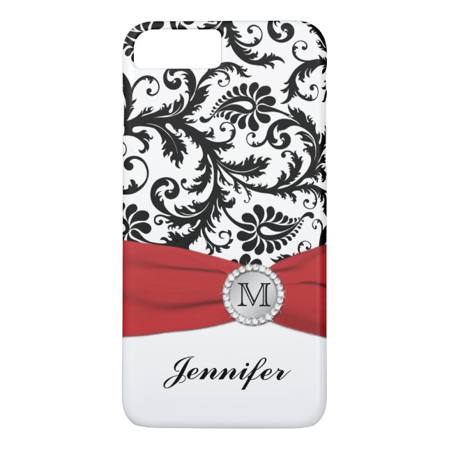 Monogram Black, White, Red Damask iPhone 7 Case (Back)