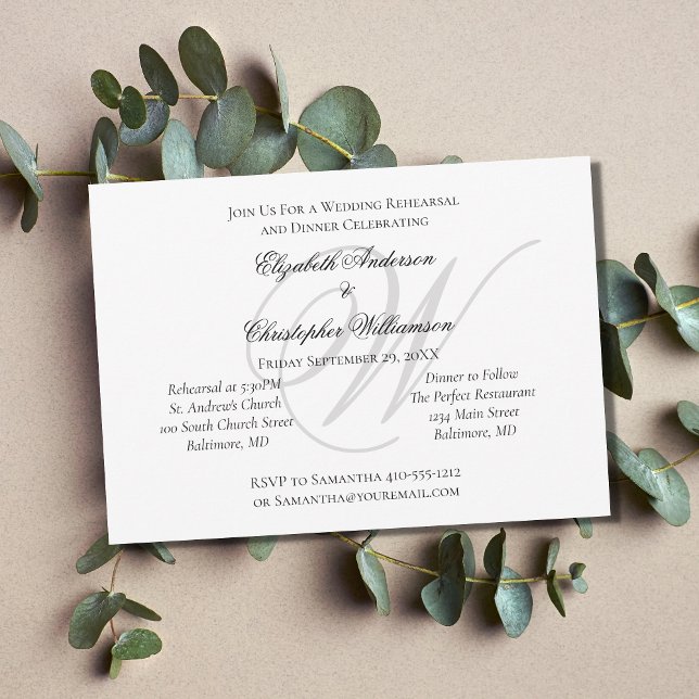 Monogram Black White Silver Wedding Rehearsal  Invitation (Black White Silver Formal Rehearsal Dinner Invitation with Monogram)