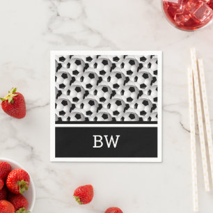 Monogram Black White Soccer Ball Pattern Napkin