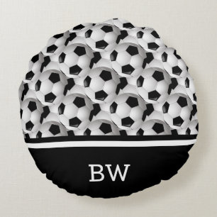 Monogram Black White Soccer Ball Pattern Round Cushion