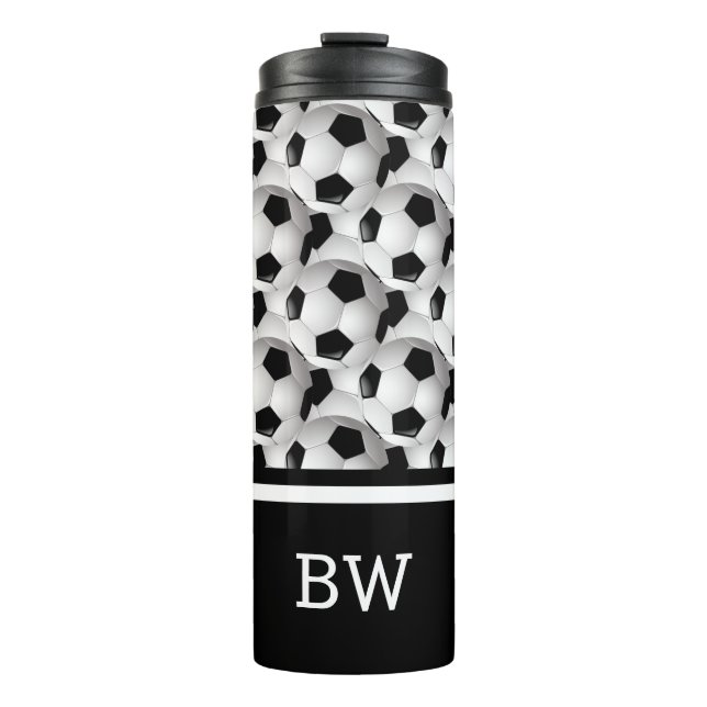 Monogram Black White Soccer Ball Pattern Thermal Tumbler (Front)