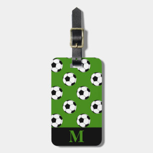 Monogram Black White Soccer Football Balls, Green Luggage Tag