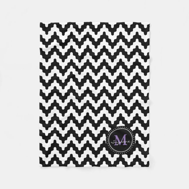 Monogram | Black White Soft Chevron Fleece Blanket (Front)
