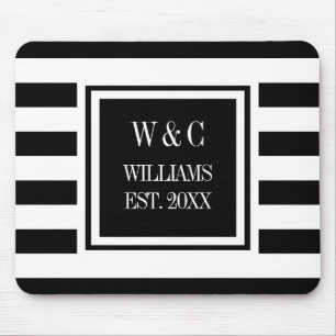 Monogram Black White Stripe Personalised Mouse Mat
