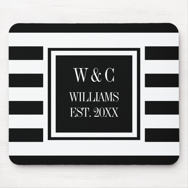 Monogram Black White Stripe Personalised Mouse Mat (Front)