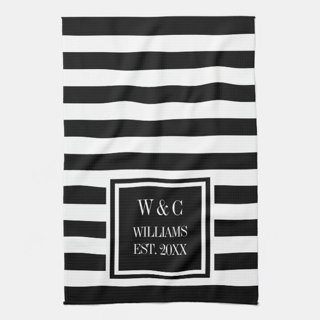 Monogram Black White Stripe Personalised Tea Towel (Vertical)