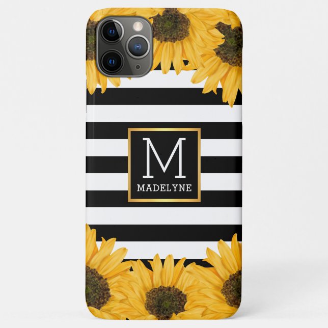 Monogram Black White Striped Sunflower Gold Case-Mate iPhone Case (Back)