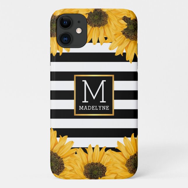 Monogram Black White Striped Sunflower Gold Case-Mate iPhone Case (Back)