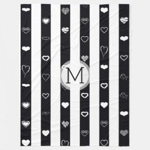 Monogram Black White Stripes Modern Heart Pattern Fleece Blanket