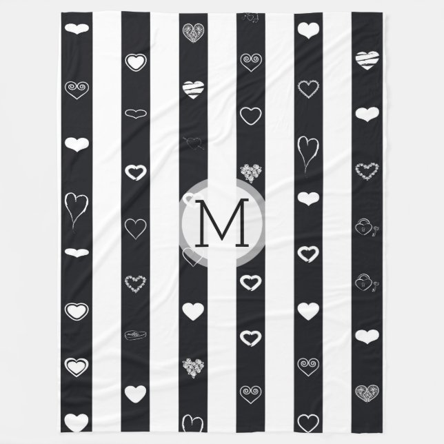 Monogram Black White Stripes Modern Heart Pattern Fleece Blanket (Front)