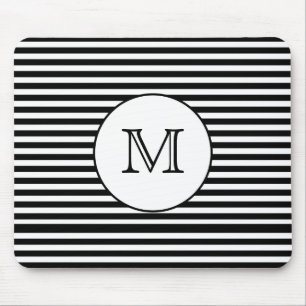 Monogram Black & White Stripes Personalised Mouse Mat