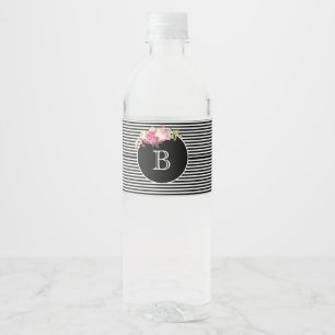 Monogram Black & White Stripes   Water Bottle Label