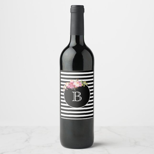 Monogram Black & White Stripes  Wine Label (Front)