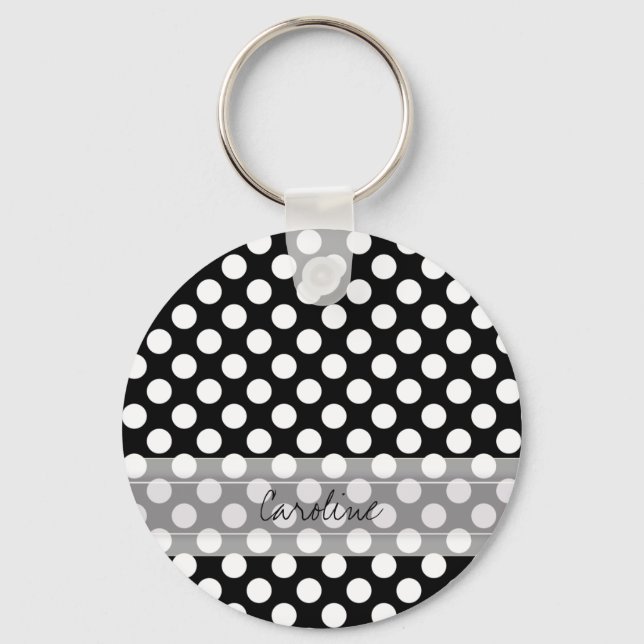 Monogram Black White Trendy Fun Polka Dot Pattern Key Ring (Front)