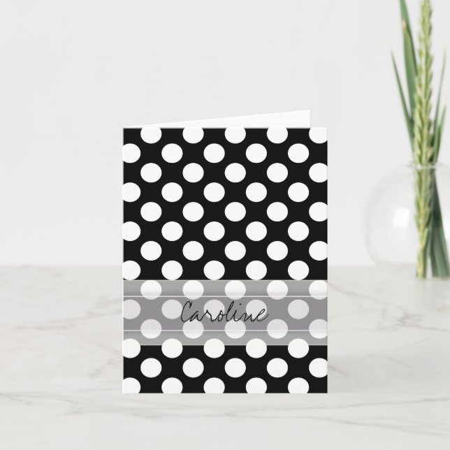 Monogram Black White Trendy Fun Polka Dot Pattern Note Card (Front)
