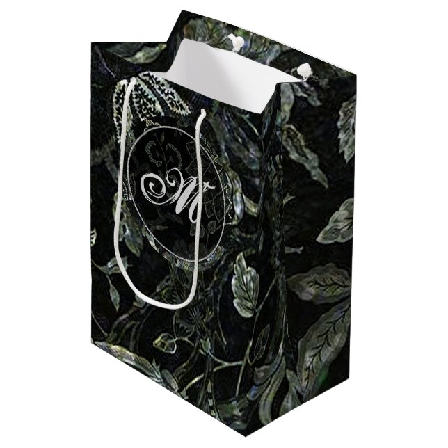 Monogram Black & White Vintage Floral GIft Bag (Front Angled)