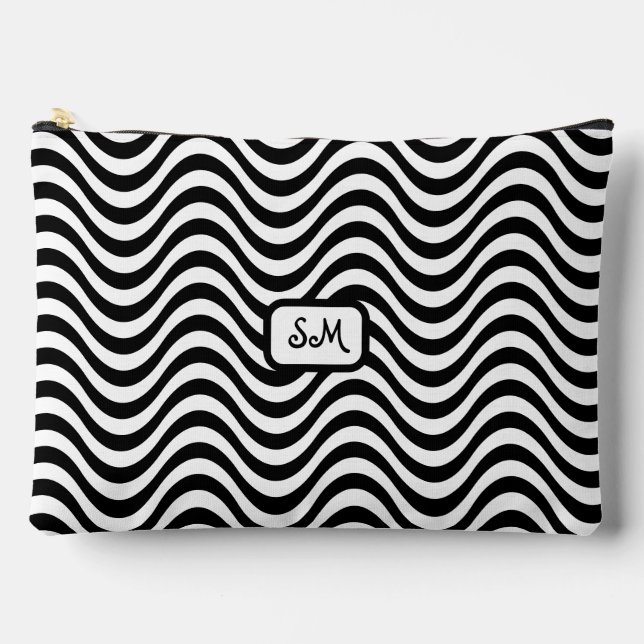 Monogram Black White Wavy Stripes Psychedelic Accessory Pouch (Front)
