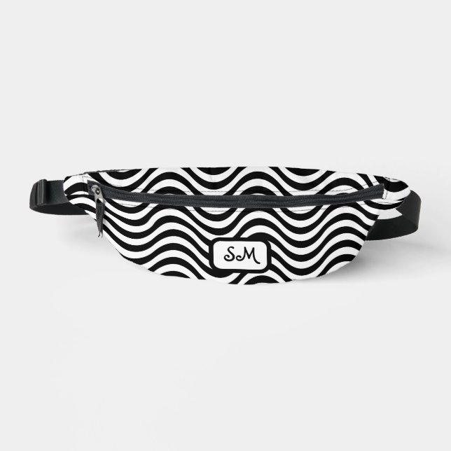 Monogram Black White Wavy Stripes Psychedelic Bum Bags (Front)
