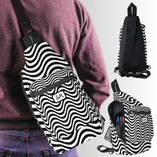Monogram Black White Wavy Stripes Psychedelic Sling Bag