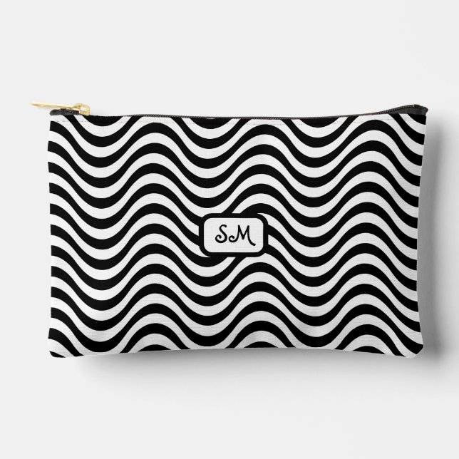 Monogram Black White Wavy Stripes Psychedelic SM Accessory Pouch (Front)