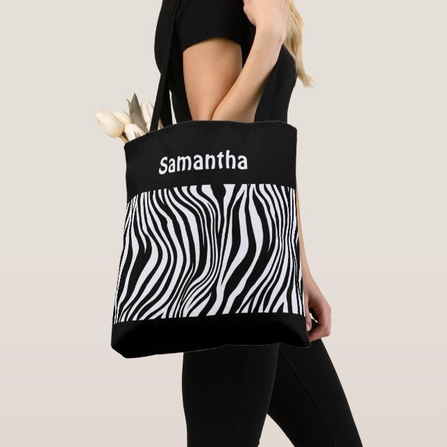 Monogram Black White Zebra Print Tote Bag (Close Up)