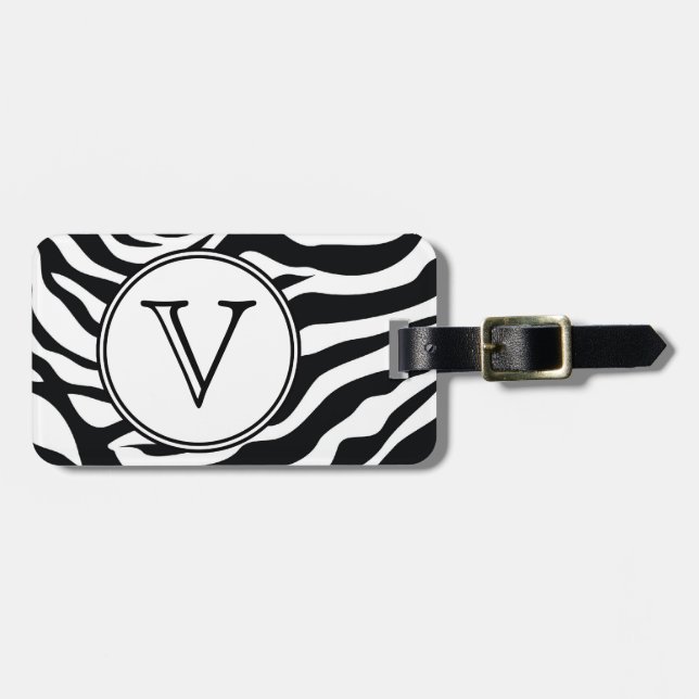 Monogram Black Zebra Stripes Personalised Bag Tag (Front Horizontal)