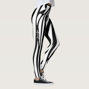 Monogram Blak & White Striped Zebra Pattern Trendy Leggings
