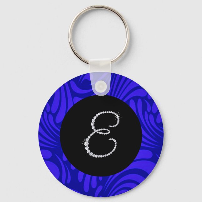 Monogram Bling Letter E Blue Swirl Background Key Ring (Front)