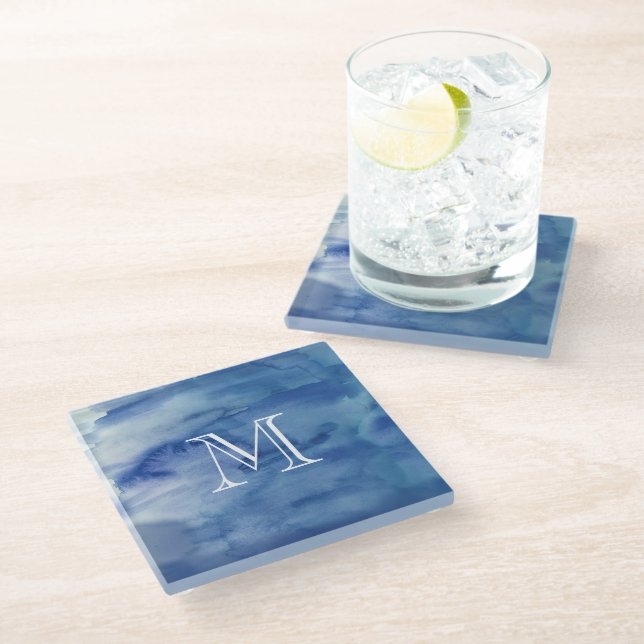 Monogram Blue Abstract Water Art Watercolor Glass Coaster (Angled)